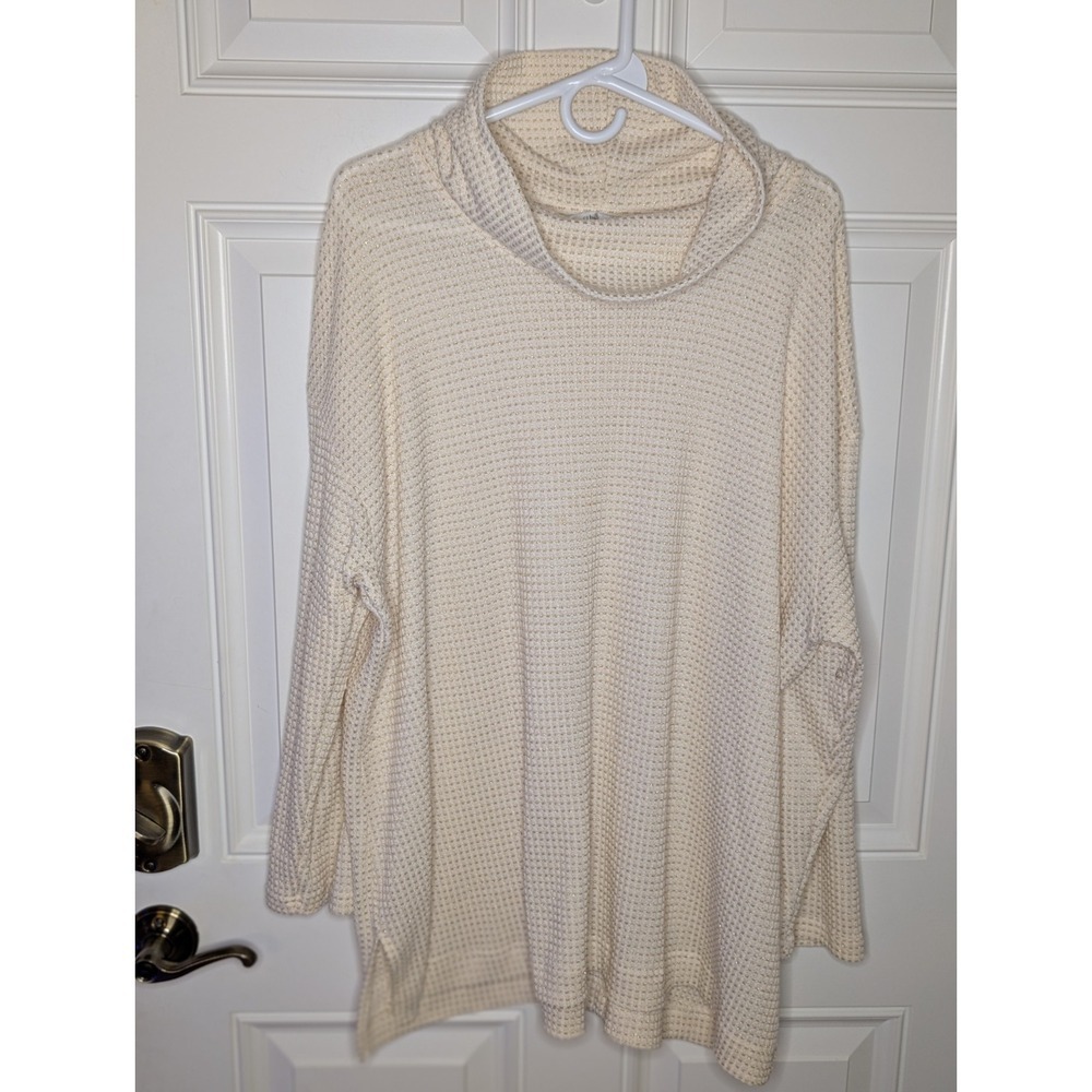 C.J. Banks Blouse Womens 3X Ivory Metallic Cowl Neck Lightweight Waffle Knit Top